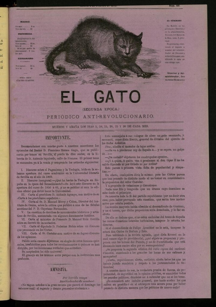Miniatura de El Gato: periódico ministerial, hasta cierto punto, del 5 de febrero de 1870, nº 60