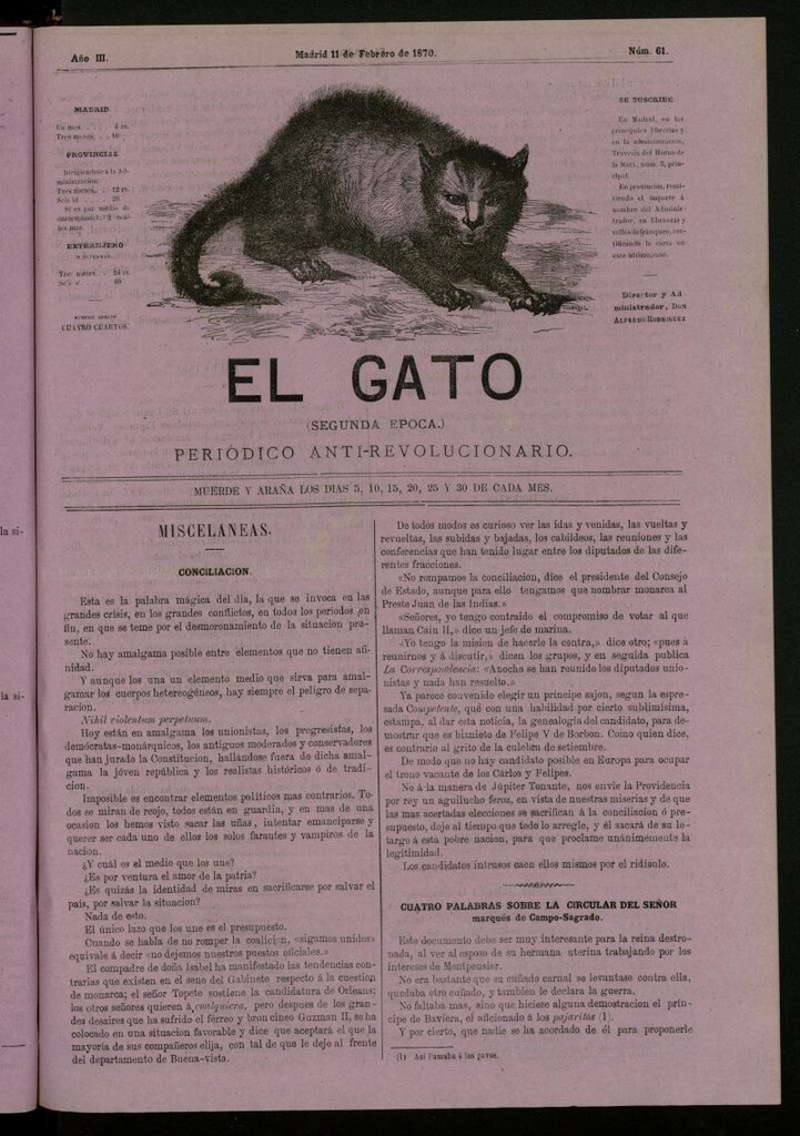 Miniatura de El Gato: periódico ministerial, hasta cierto punto, del 11 de febrero de 1870, nº 61