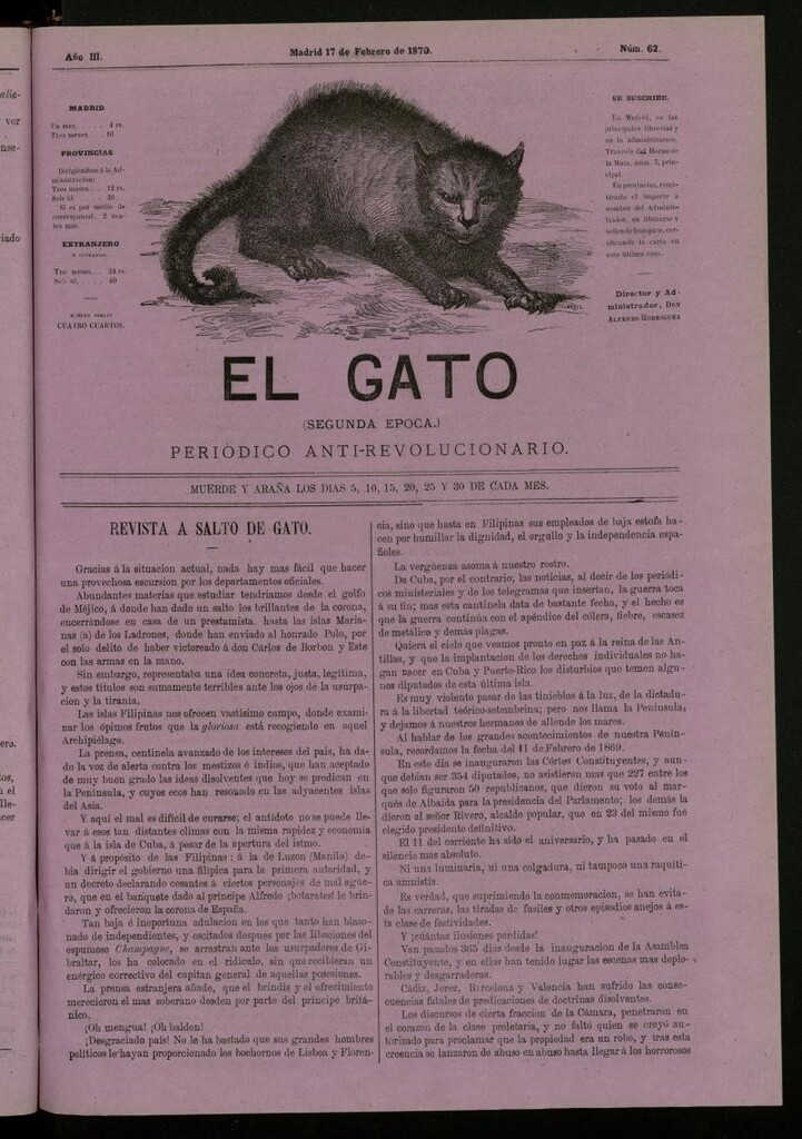 Miniatura de El Gato: periódico ministerial, hasta cierto punto, del 17 de febrero de 1870, nº 62