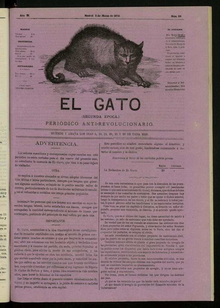Miniatura de El Gato: periódico ministerial, hasta cierto punto, del 5 de marzo de 1870, nº 64