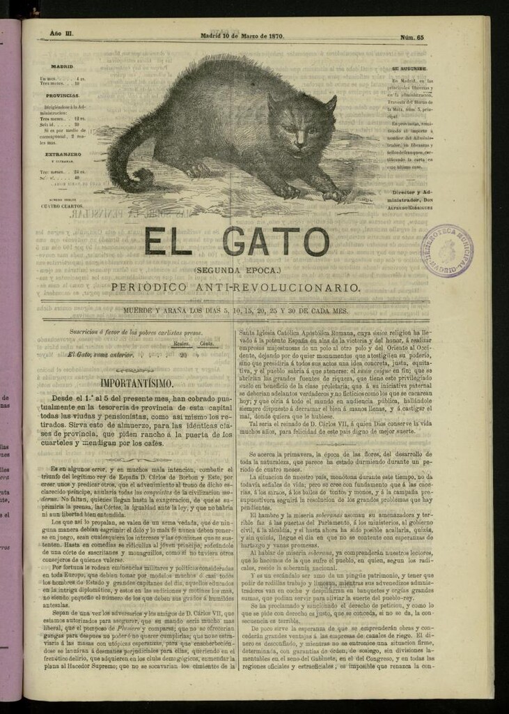 Miniatura de El Gato: periódico ministerial, hasta cierto punto, del 10 de marzo de 1870, nº 65
