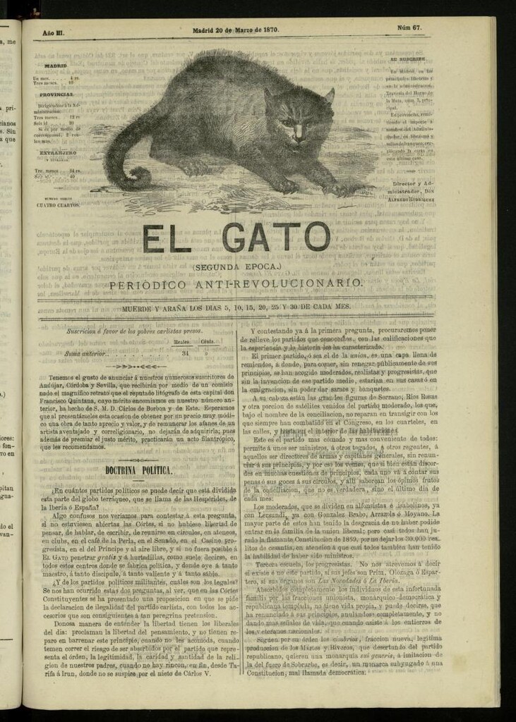 Miniatura de El Gato: periódico ministerial, hasta cierto punto, del 20 de marzo de 1870, nº 67