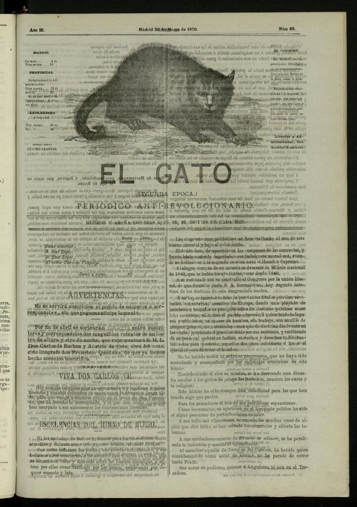 Miniatura de El Gato: periódico ministerial, hasta cierto punto, del 30 de marzo de 1870, nº 69