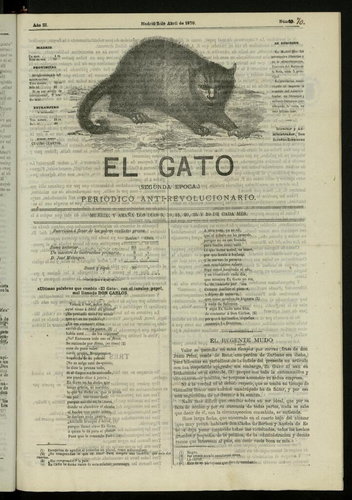 Miniatura de El Gato: periódico ministerial, hasta cierto punto, del 5 de abril de 1870, nº 70