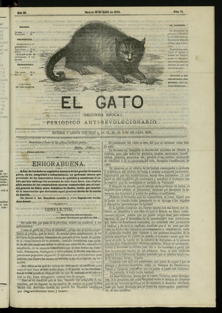 Miniatura de El Gato: periódico ministerial, hasta cierto punto, del 10 de abril de 1870, nº 71