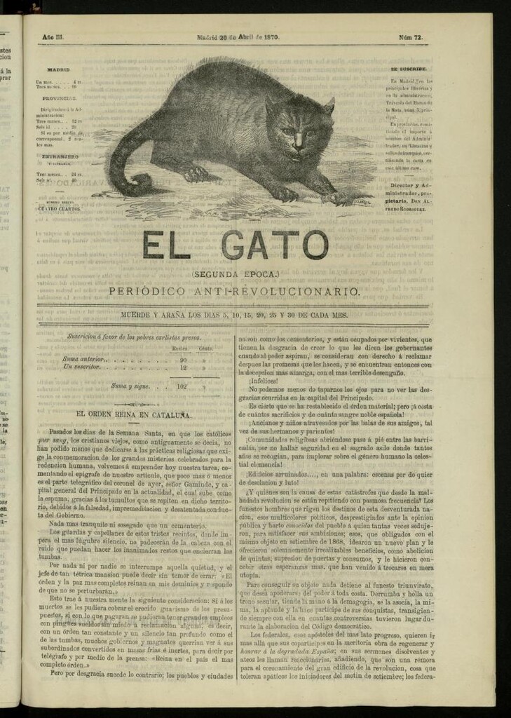 Miniatura de El Gato: periódico ministerial, hasta cierto punto, del 20 de abril de 1870, nº 72