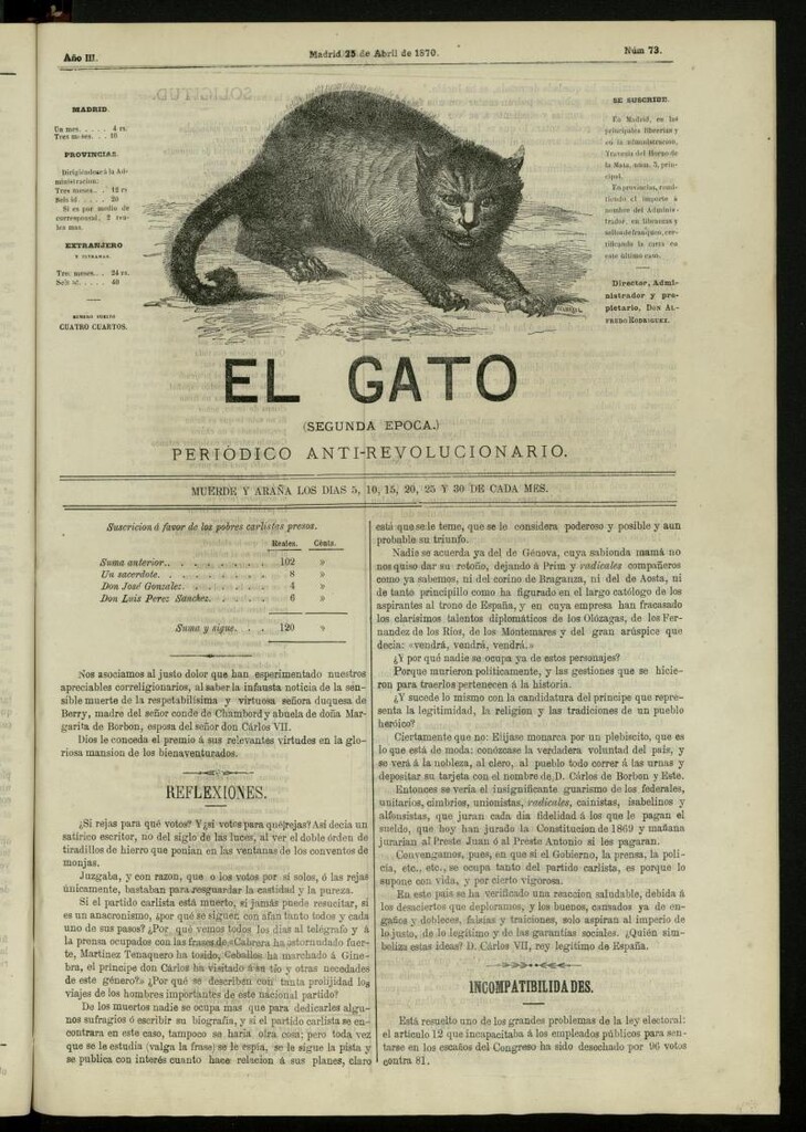 Miniatura de El Gato: periódico ministerial, hasta cierto punto, del 25 de abril de 1870, nº 73