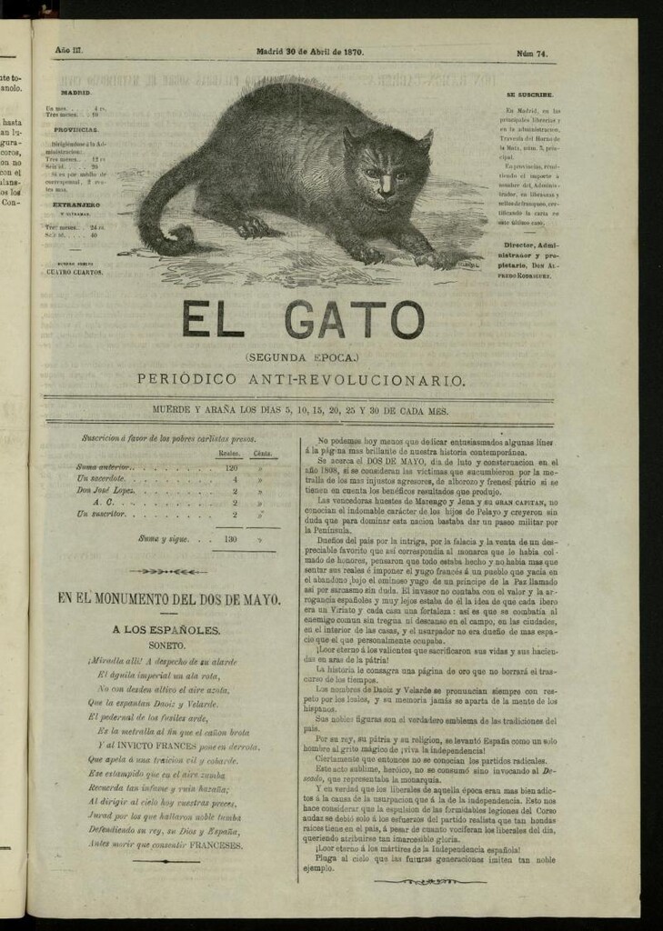 Miniatura de El Gato: periódico ministerial, hasta cierto punto, del 30 de abril de 1870, nº 74