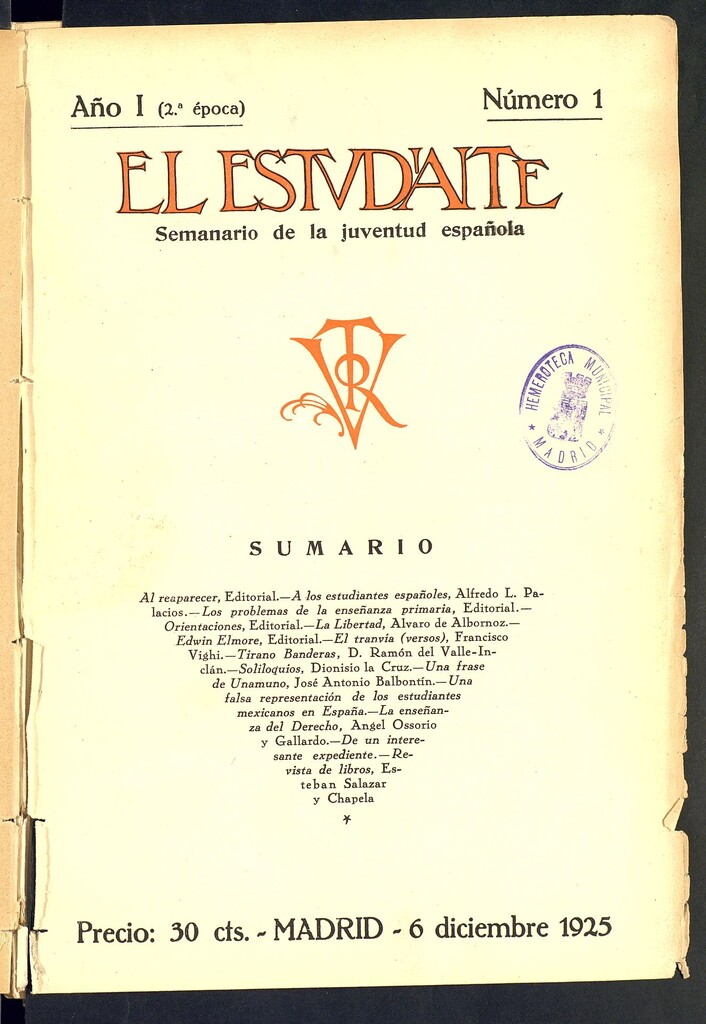 Miniatura de El Estudiante: revista de la juventud escolar española del 6 de diciembre de 1925, nº 1