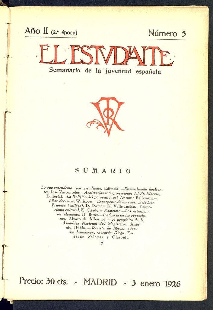 Miniatura de El Estudiante: revista de la juventud escolar española del 3 de enero de 1926, nº 5