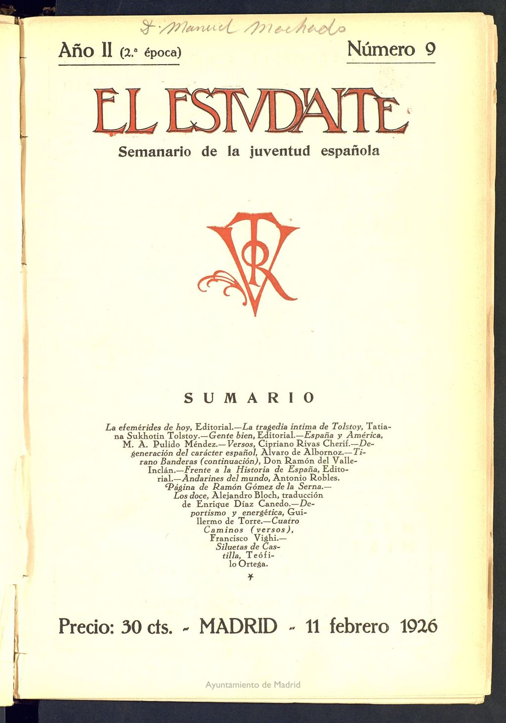 Miniatura de El Estudiante: revista de la juventud escolar española del 11 de febrero de 1926, nº 9
