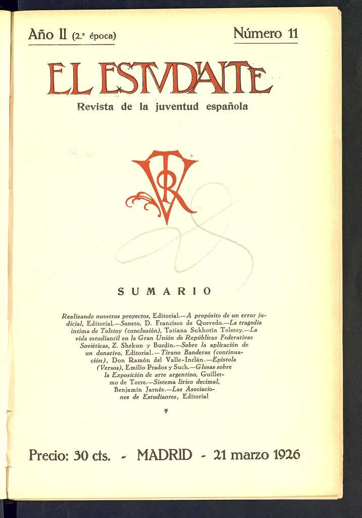 Miniatura de El Estudiante: revista de la juventud escolar española del 21 de marzo de 1926, nº 11