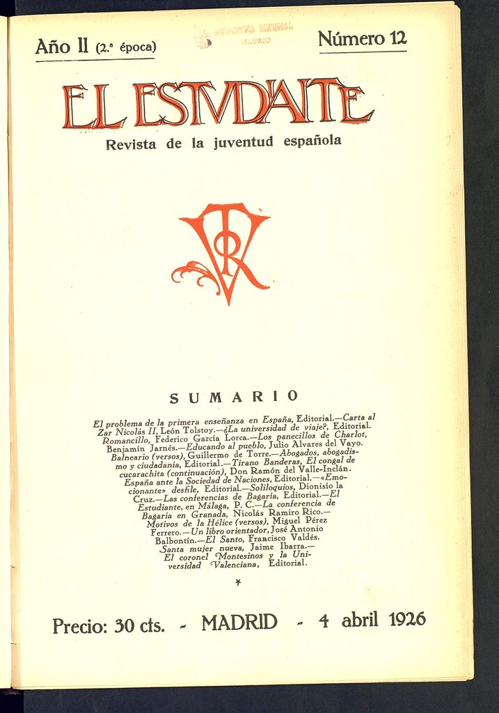 Miniatura de El Estudiante: revista de la juventud escolar española del 4 de abril de 1926, nº 12