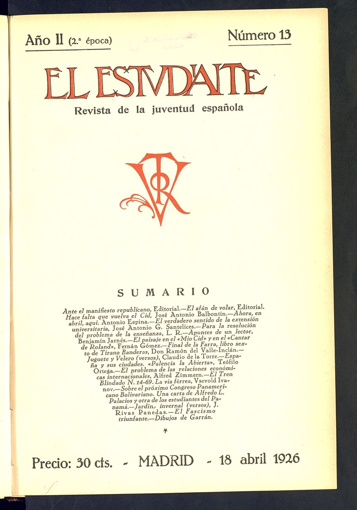 Miniatura de El Estudiante: revista de la juventud escolar española, del 18 de abril de 1926, nº 13