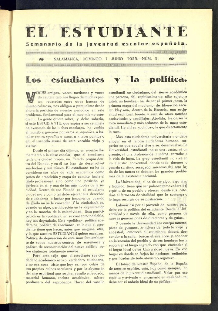 Miniatura de El Estudiante: revista de la juventud escolar española, del 7 de junio de 1925, nº 5