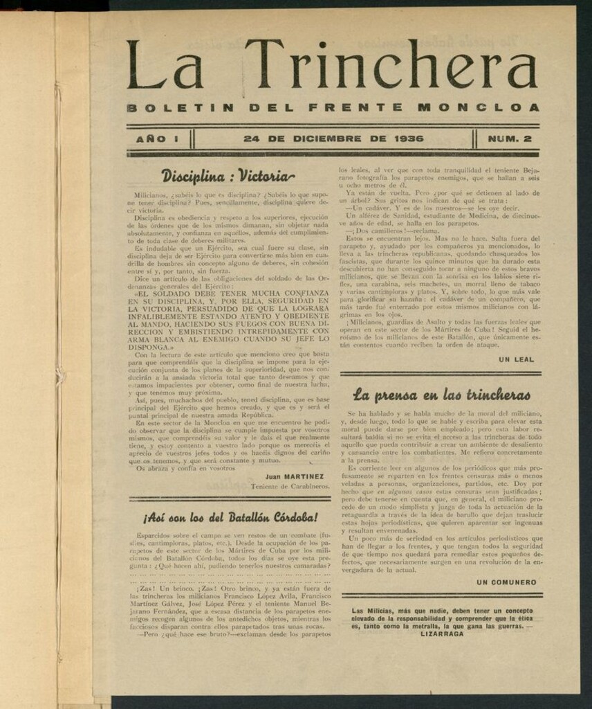 Miniatura de La Trinchera: boletín del Frente Moncloa del 24 de diciembre de 1936. Nº 2