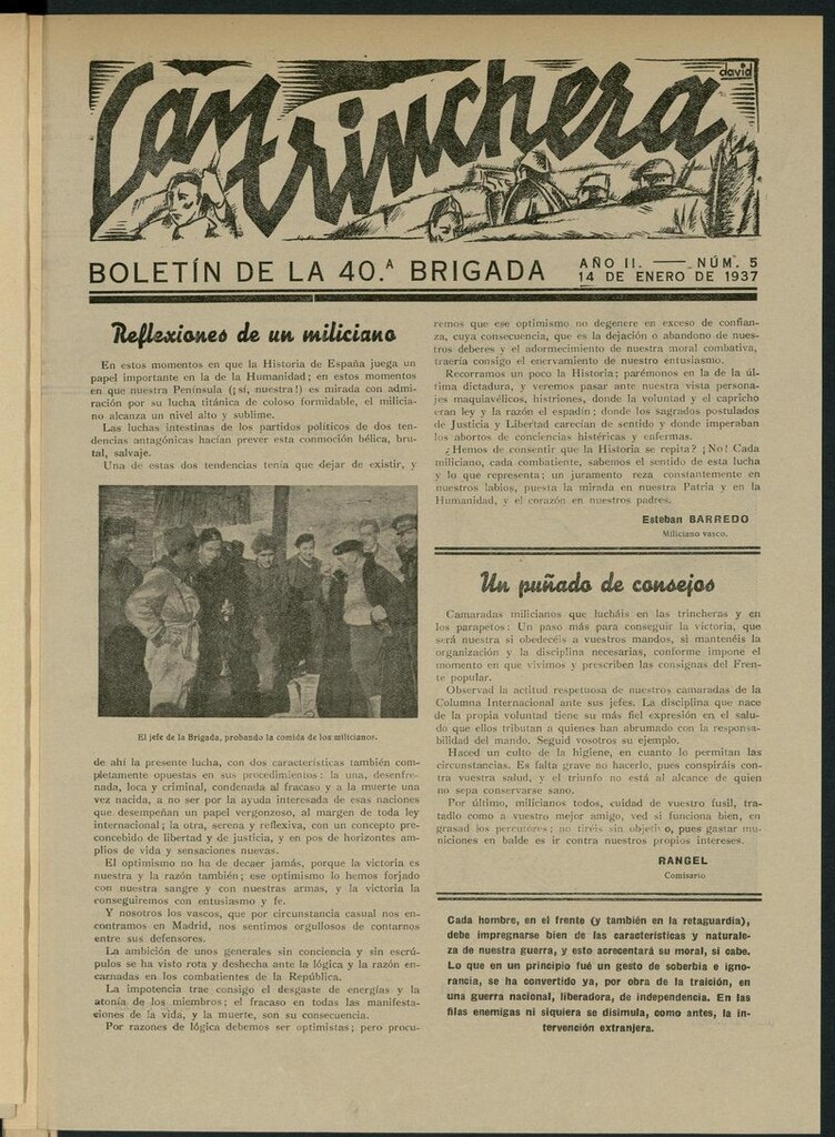 Miniatura de La Trinchera: boletín del Frente Moncloa del 14 de enero de 1937. Nº 5