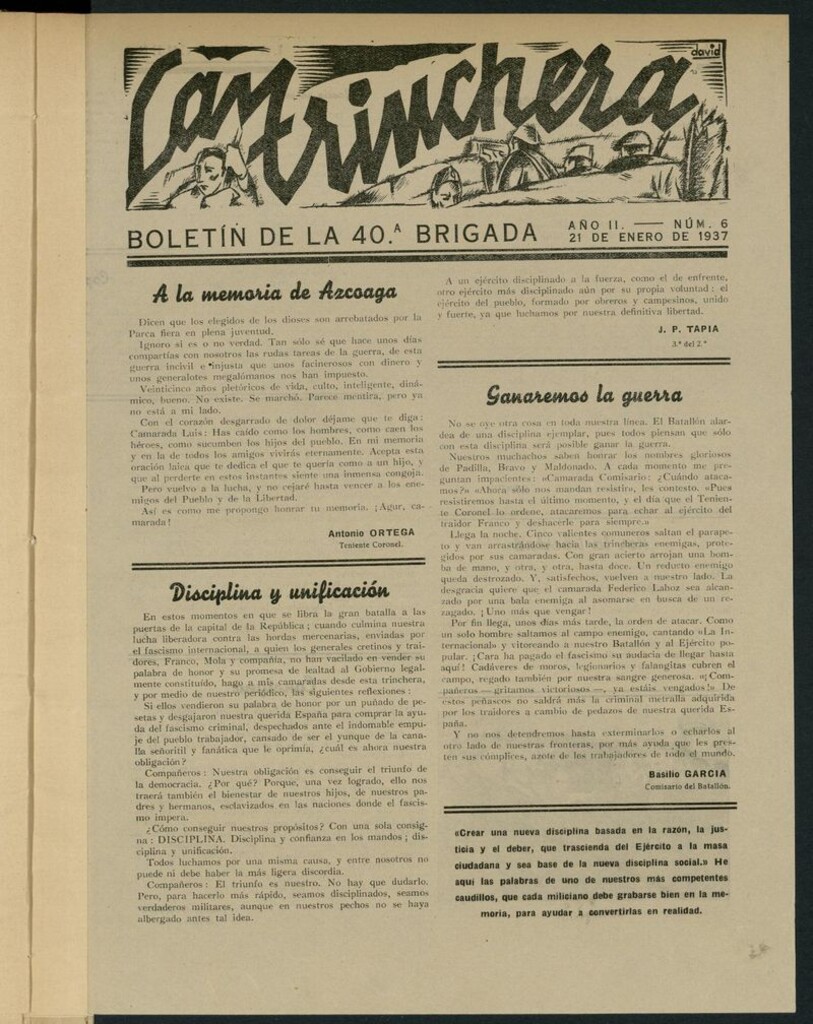 Miniatura de La Trinchera: boletín del Frente Moncloa del 21 de enero de 1937. Nº 6