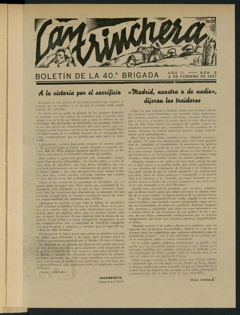 Miniatura de La Trinchera: boletín del Frente Moncloa del 4 de febrero de 1937. Nº 8