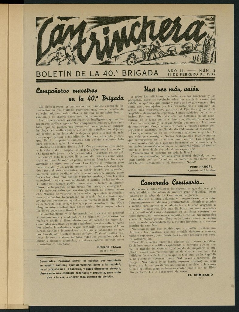 Miniatura de La Trinchera: boletín del Frente Moncloa del 11 de febrero de 1937. Nº 9