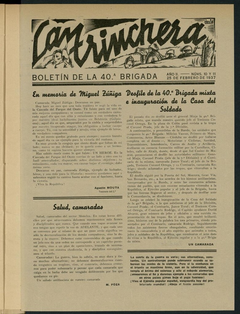 Miniatura de La Trinchera: boletín del Frente Moncloa del 25 de febrero de 1937. Nº 10 y 11