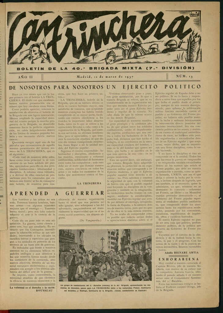 Miniatura de La Trinchera: boletín del Frente Moncloa del 11 de marzo de 1937. Nº 13