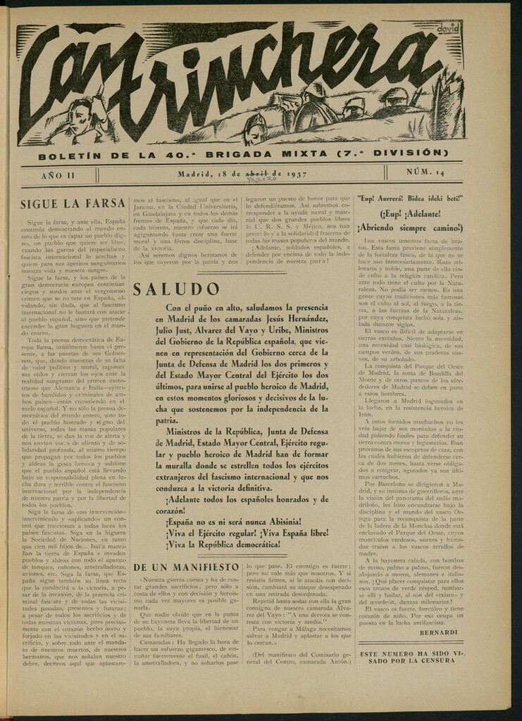 Miniatura de La Trinchera: boletín del Frente Moncloa del 18 de marzo de 1937. Nº 14