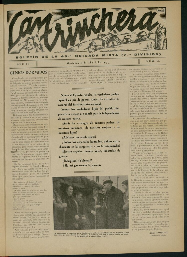 Miniatura de La Trinchera: boletín del Frente Moncloa del 1 de abril de 1937. Nº 16