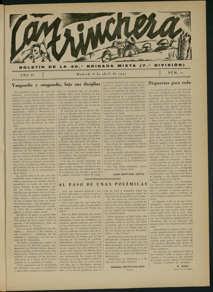 Miniatura de La Trinchera: boletín del Frente Moncloa del 8 de abril de 1937. Nº 17