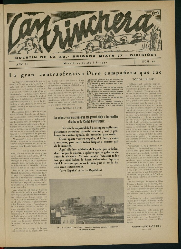 Miniatura de La Trinchera: boletín del Frente Moncloa del 15 de abril de 1937. Nº 18