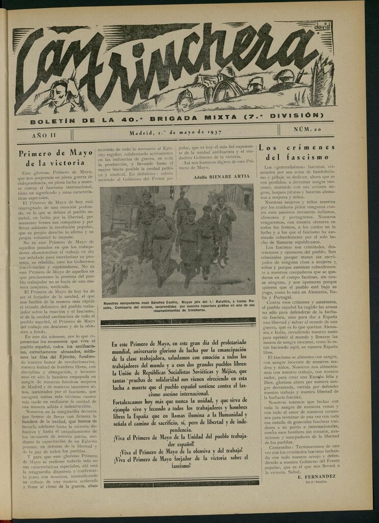 Miniatura de La Trinchera: boletín del Frente Moncloa del 1 de mayo de 1937. Nº 20