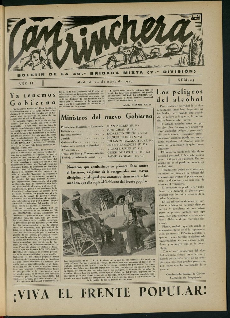 Miniatura de La Trinchera: boletín del Frente Moncloa del 22 de mayo de 1937. Nº 23
