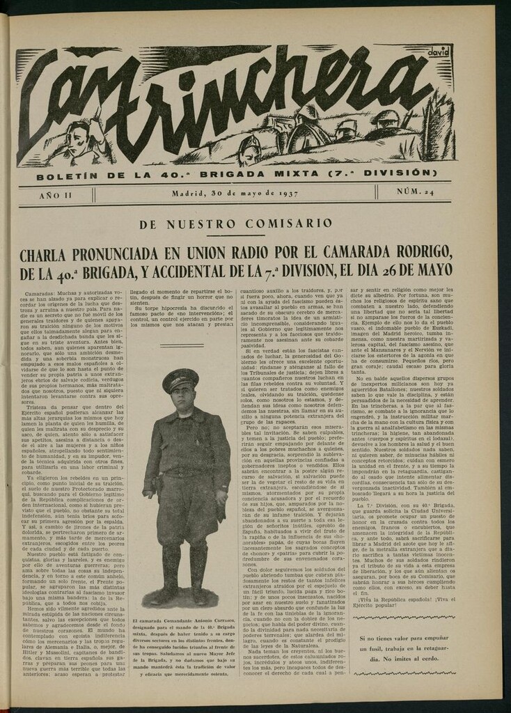 Miniatura de La Trinchera: boletín del Frente Moncloa del 30 de mayo de 1937. Nº 24