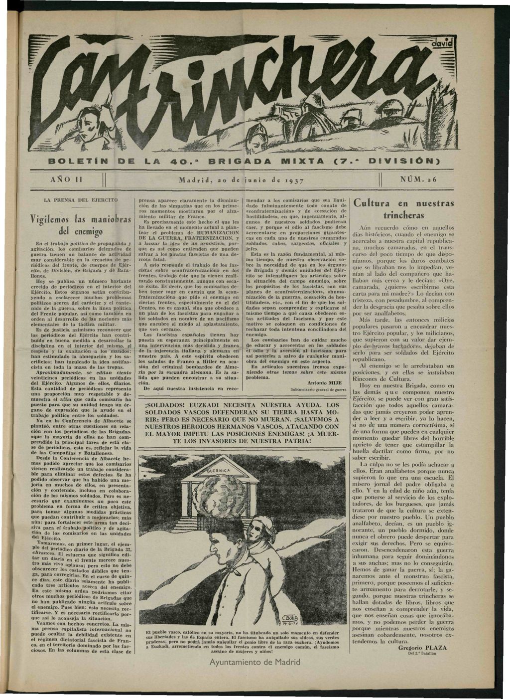 Miniatura de La Trinchera: boletín del Frente Moncloa del 20 de junio de 1937. Nº 26