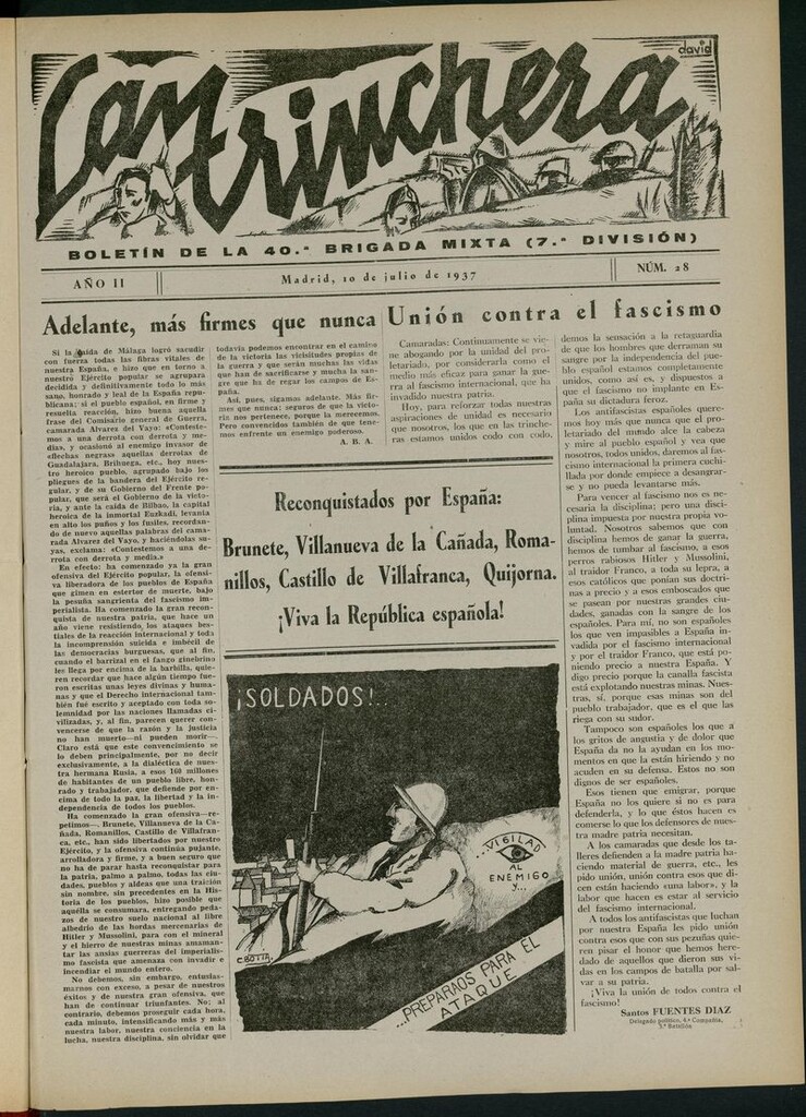 Miniatura de La Trinchera: boletín del Frente Moncloa del 10 de julio de 1937. Nº 28