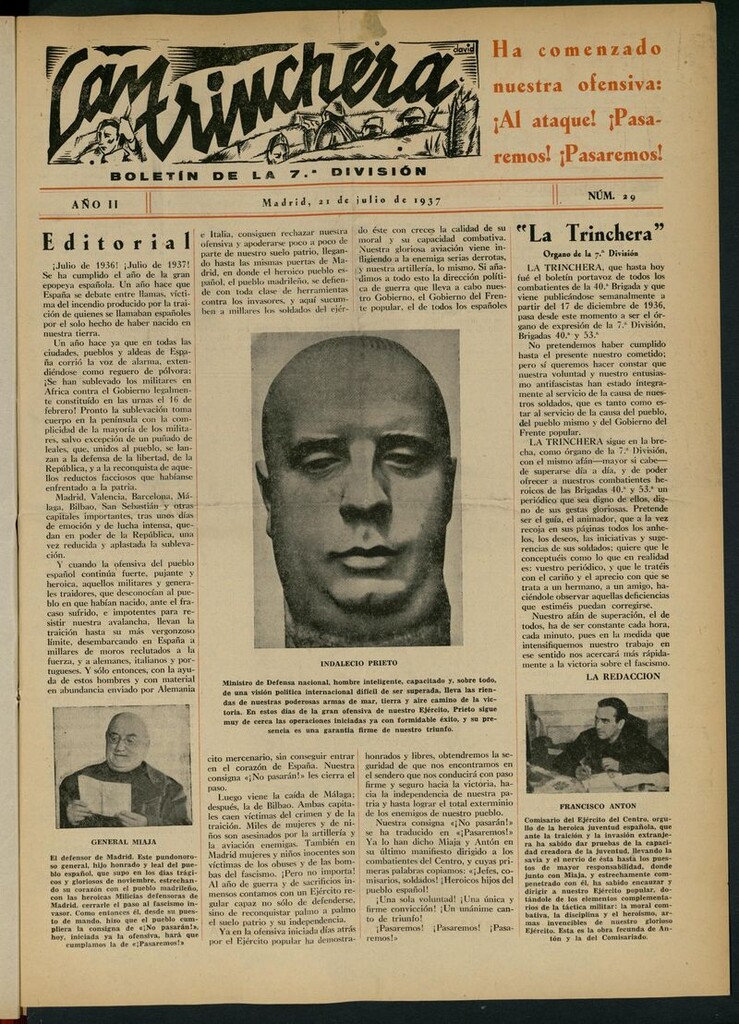 Miniatura de La Trinchera: boletín del Frente Moncloa del 21 de julio de 1937. Nº 29
