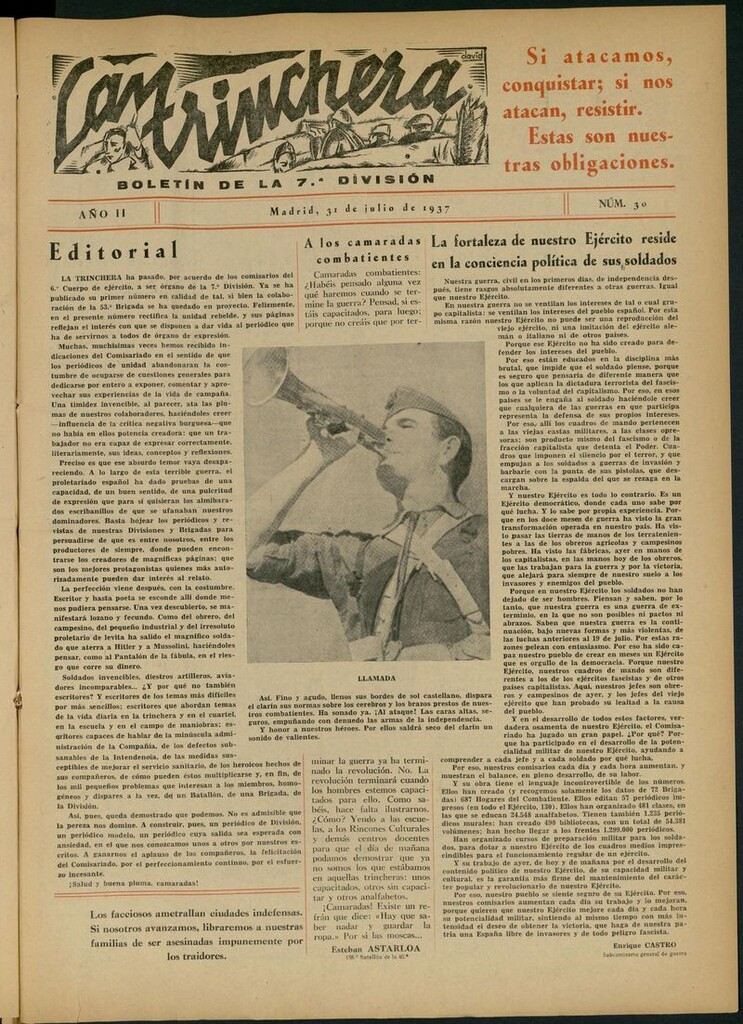 Miniatura de La Trinchera: boletín del Frente Moncloa del 31 de julio de 1937. Nº 30