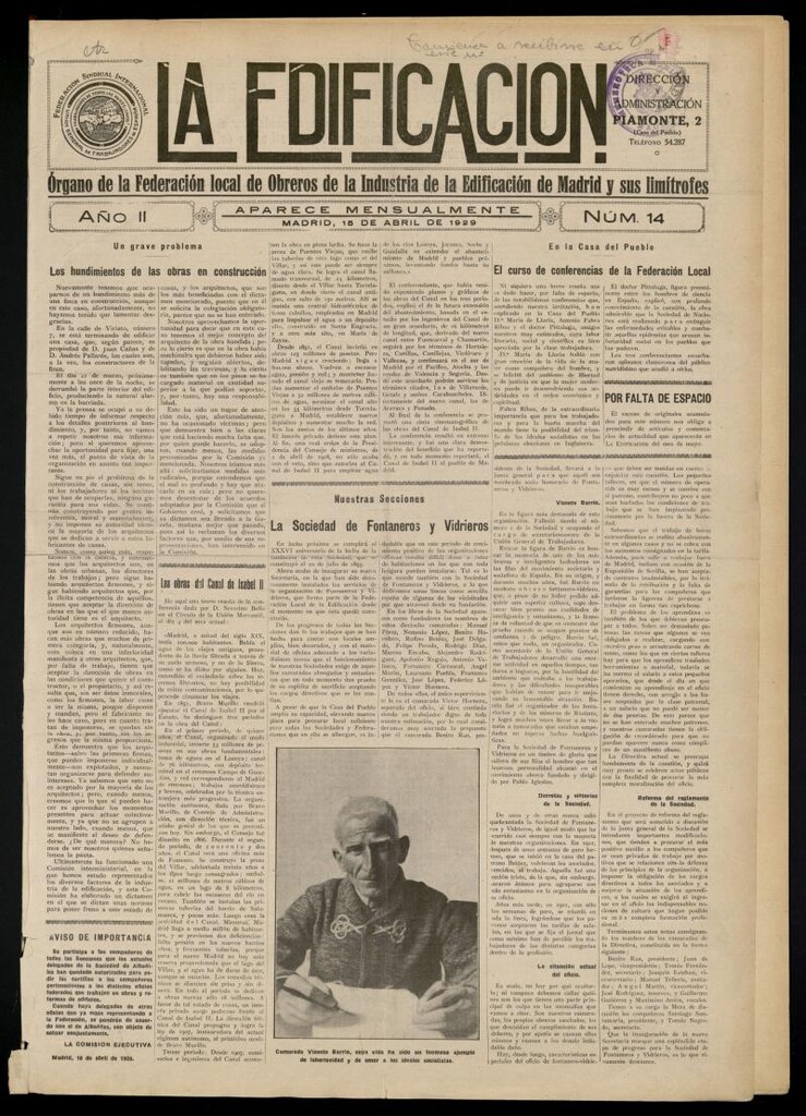 Miniatura de La Edificación: órgano de la Federación Local de Obreros de la Industria de la Edificación de Madrid y sus limítrofes del 15 de abril de 1929, nº 14