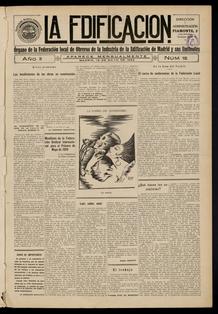 Miniatura de La Edificación: órgano de la Federación Local de Obreros de la Industria de la Edificación de Madrid y sus limítrofes del 15 de mayo de 1929, nº 15