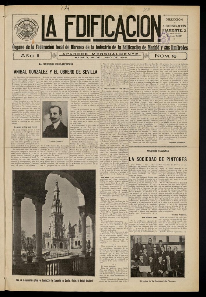 Miniatura de La Edificación: órgano de la Federación Local de Obreros de la Industria de la Edificación de Madrid y sus limítrofes del 15 de junio de 1929, nº 16