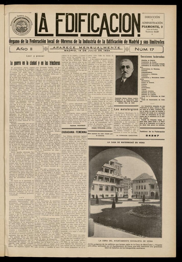 Miniatura de La Edificación: órgano de la Federación Local de Obreros de la Industria de la Edificación de Madrid y sus limítrofes del 15 de julio de 1929, nº 17