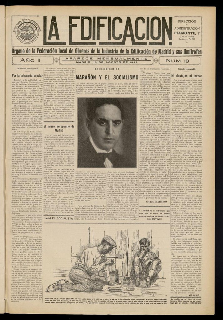 Miniatura de La Edificación: órgano de la Federación Local de Obreros de la Industria de la Edificación de Madrid y sus limítrofes del 15 de agosto de 1929, nº 18