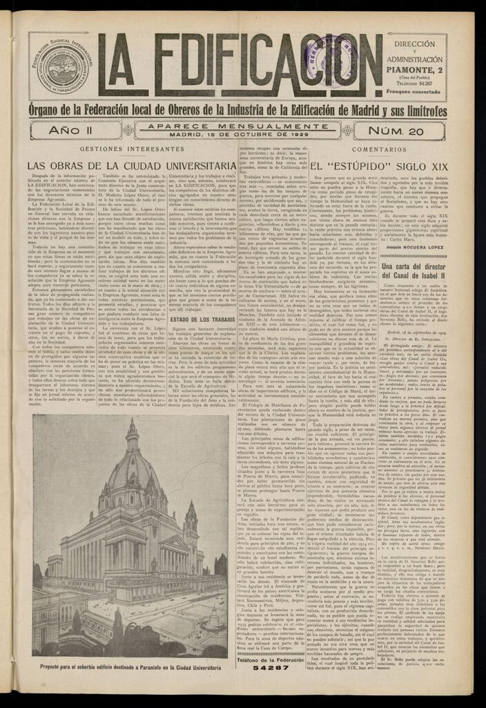 Miniatura de La Edificación: órgano de la Federación Local de Obreros de la Industria de la Edificación de Madrid y sus limítrofes del 15 de octubre de 1929, nº 20