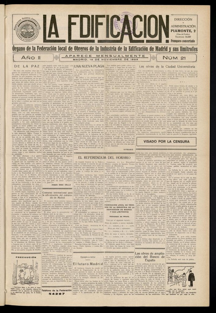 Miniatura de La Edificación: órgano de la Federación Local de Obreros de la Industria de la Edificación de Madrid y sus limítrofes del 15 de noviembre de 1929, nº 21