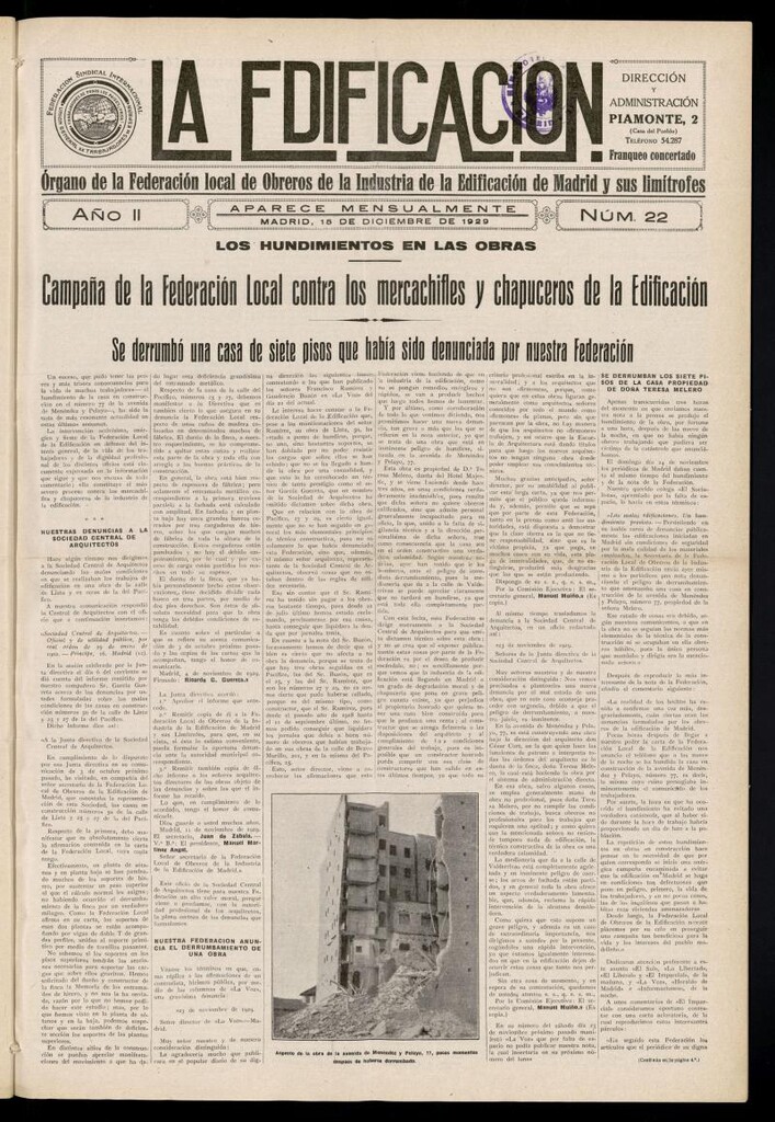 Miniatura de La Edificación: órgano de la Federación Local de Obreros de la Industria de la Edificación de Madrid y sus limítrofes del 15 de diciembre de 1929, nº 22