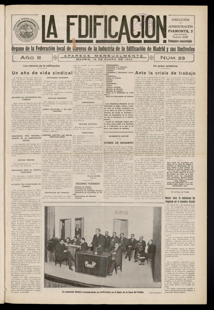 Miniatura de La Edificación: órgano de la Federación Local de Obreros de la Industria de la Edificación de Madrid y sus limítrofes del 15 de enero de 1930, nº 23