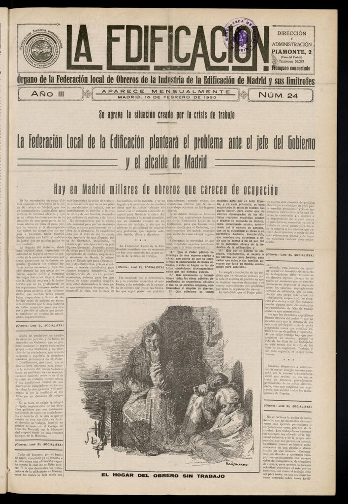 Miniatura de La Edificación: órgano de la Federación Local de Obreros de la Industria de la Edificación de Madrid y sus limítrofes del 15 de febrero de 1930, nº 24