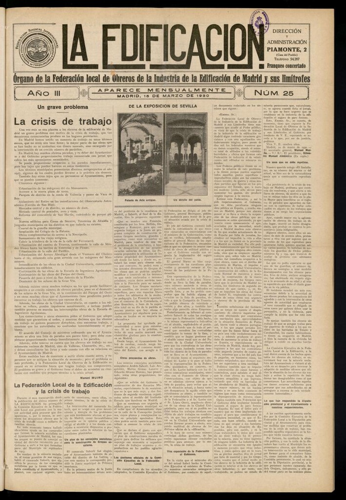 Miniatura de La Edificación: órgano de la Federación Local de Obreros de la Industria de la Edificación de Madrid y sus limítrofes del 15 de marzo de 1930, nº 25