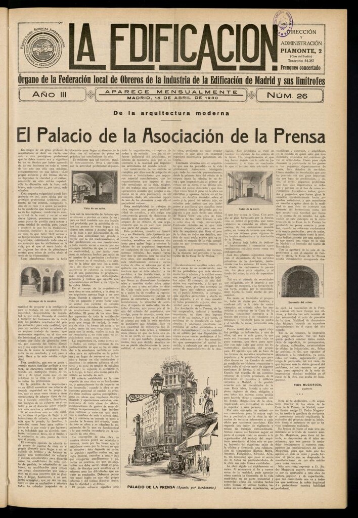 Miniatura de La Edificación: órgano de la Federación Local de Obreros de la Industria de la Edificación de Madrid y sus limítrofes del 15 de abril de 1930, nº 26