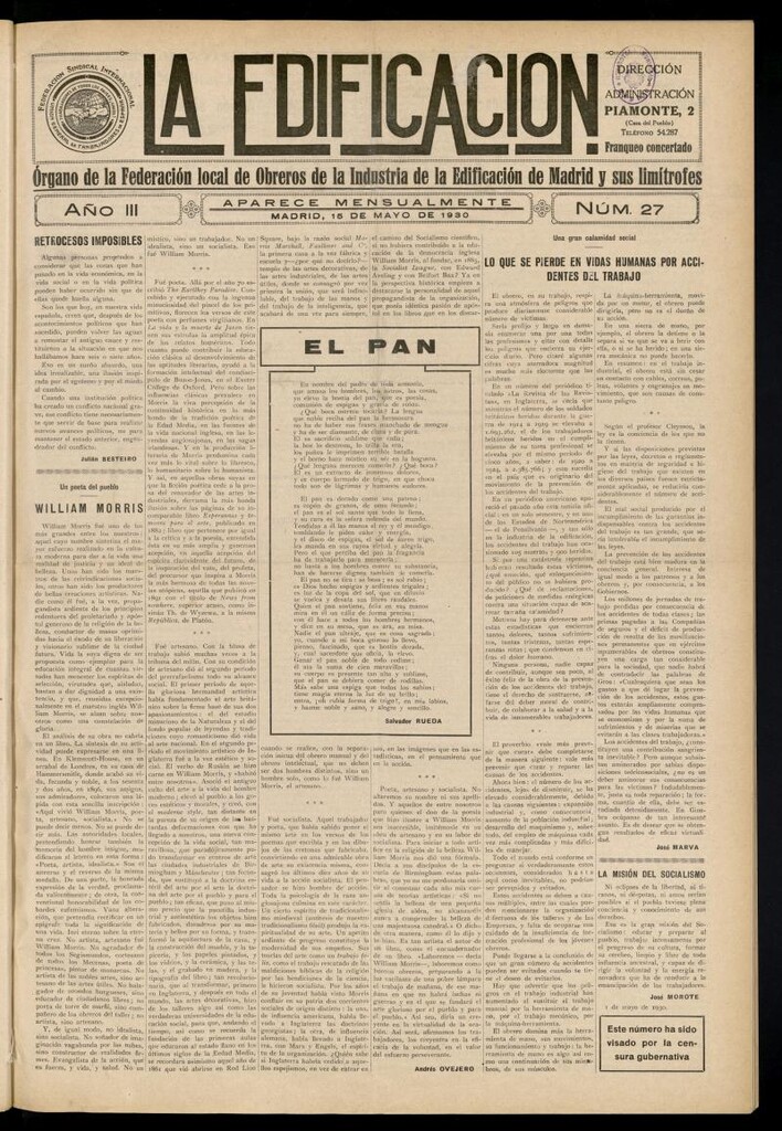 Miniatura de La Edificación: órgano de la Federación Local de Obreros de la Industria de la Edificación de Madrid y sus limítrofes del 15 de mayo de 1930, nº 27